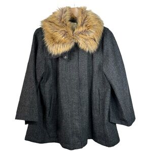 Elevenses Anthropologie Gray Herringbone Tweed Faux Fur Collar Jacket Size Large